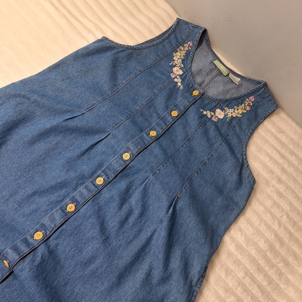 Vtg 90's Embroidered Chambray Jumper Maxi Dress Womens M Blue Demin Button Up